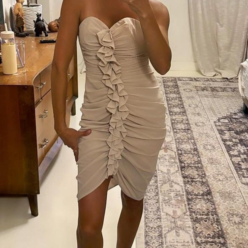 HM Strapless Ruffle Fairycore Mini Dress Champagne Beige Size 2 Sweetheart Neck